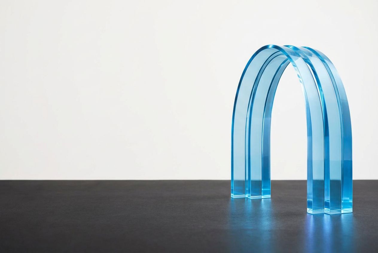 A blue glass sculpture forming a bridge forward